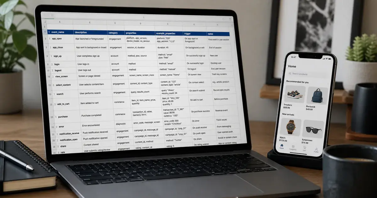 Photograph: desk with a laptop showing a spreadsheet of planned events beside a phone running the app.