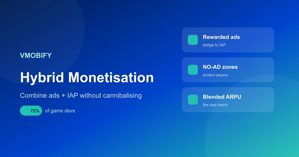 Hybrid Monetisation: Combine Ads + IAP Without Cannibalising Purchases — illustration