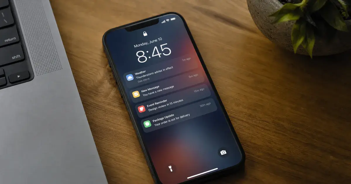 Photograph: phone lock screen with several notifications from different apps, on a desk.
