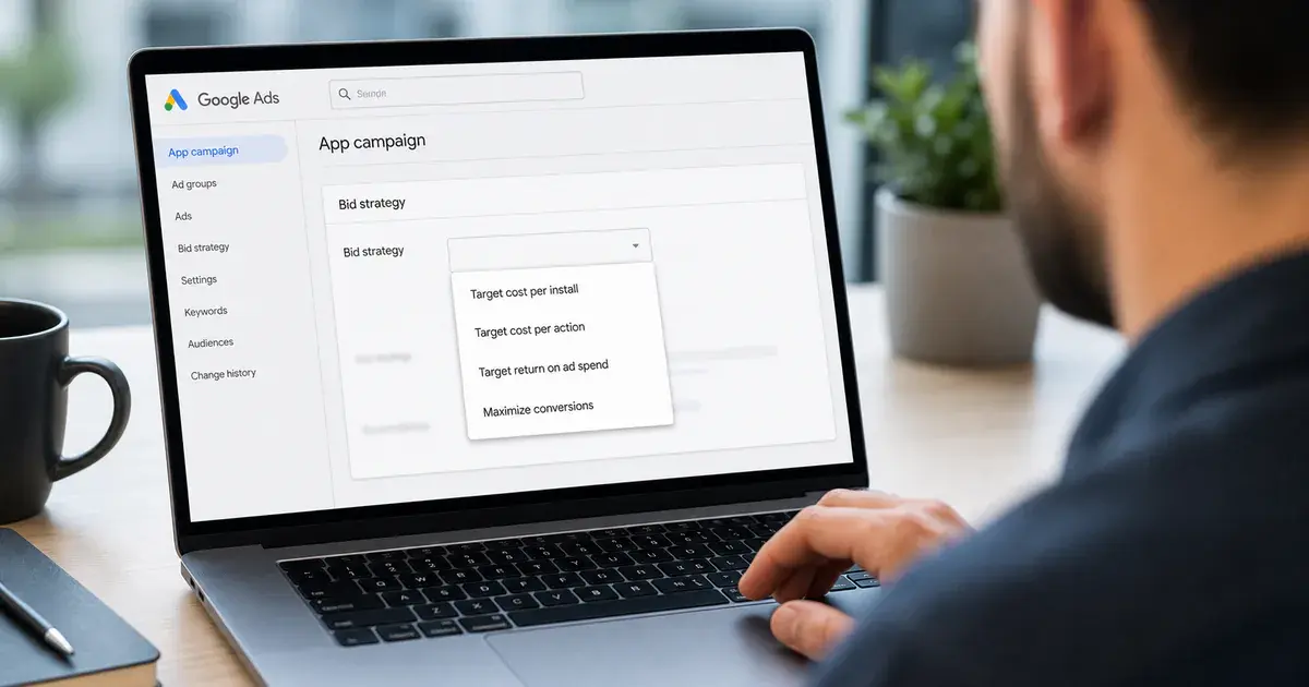 Photograph: a laptop showing a Google Ads App campaign bid strategy dropdown open, listing the target cost and maximise conversions options.