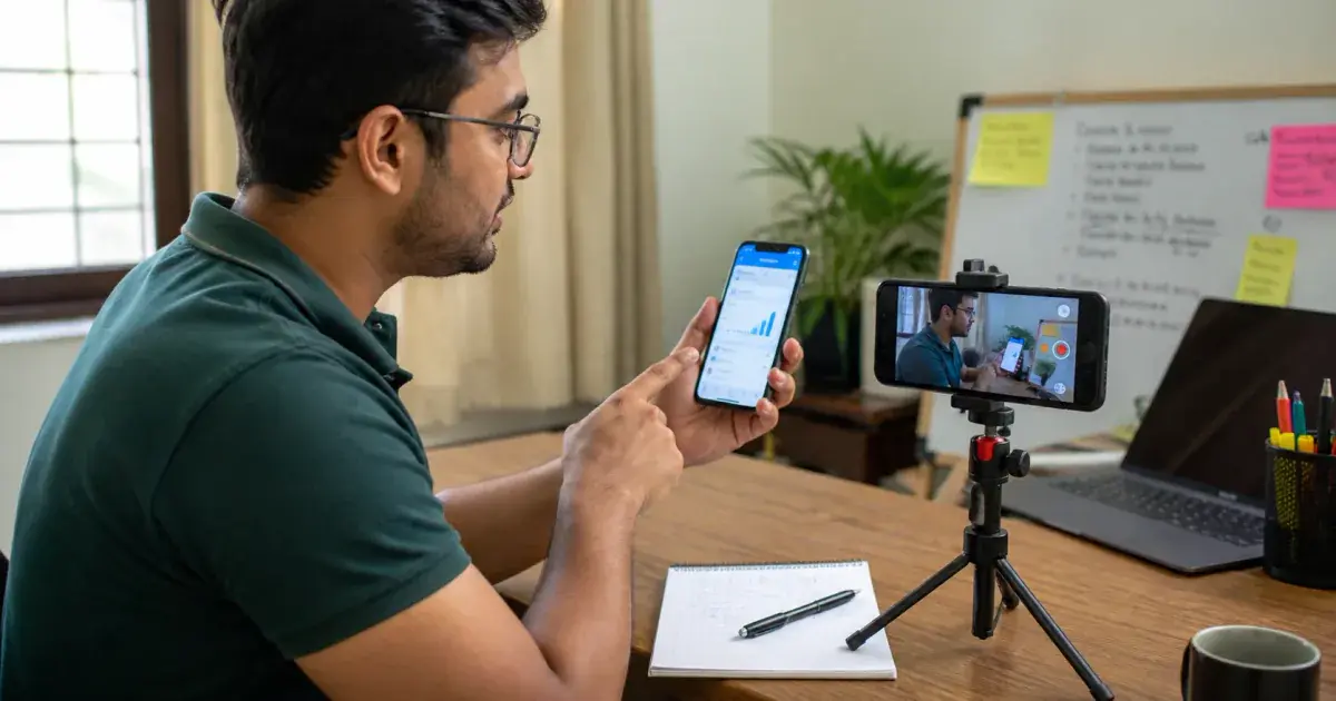 Photograph: small creator filming a phone demo with a second phone on a tabletop tripod, ring light off to one side.