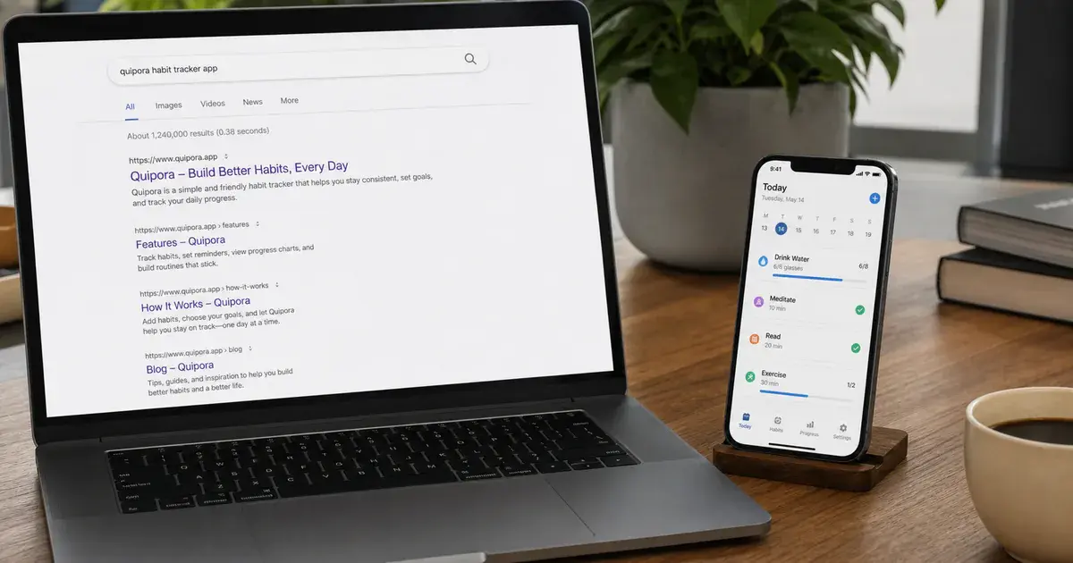 Photograph: laptop showing a web search result for an app, phone beside it opening the app from that link.
