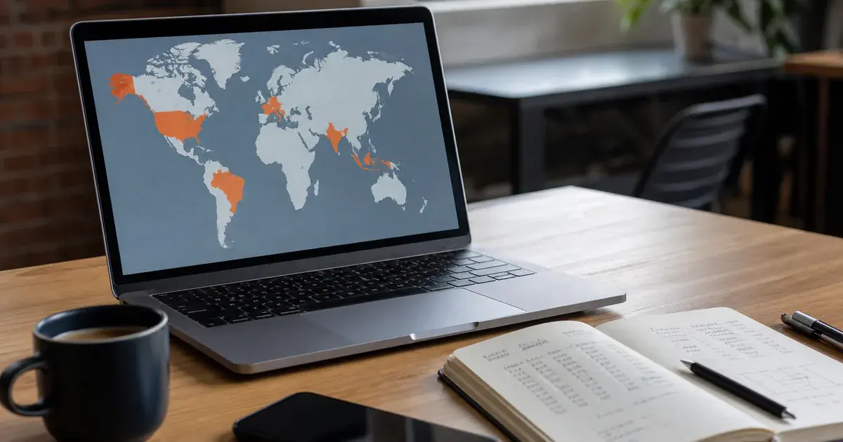 Photograph: world map on a laptop with several markets highlighted, a notebook of unit economics beside it.
