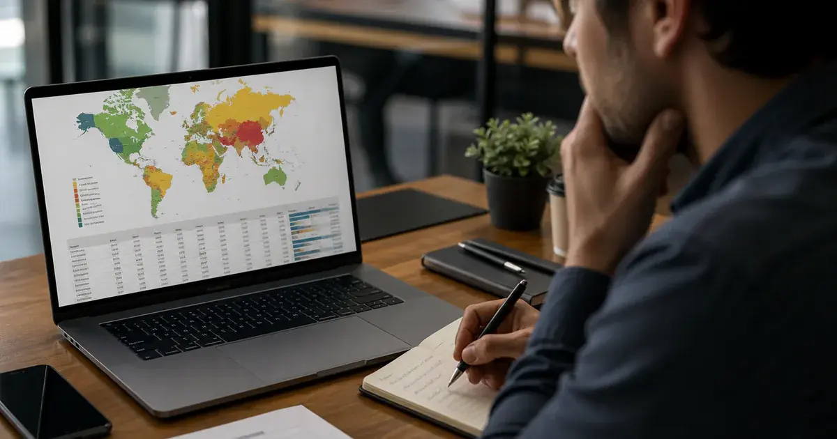Photograph: laptop showing country-level performance data, a person deciding with a notebook.
