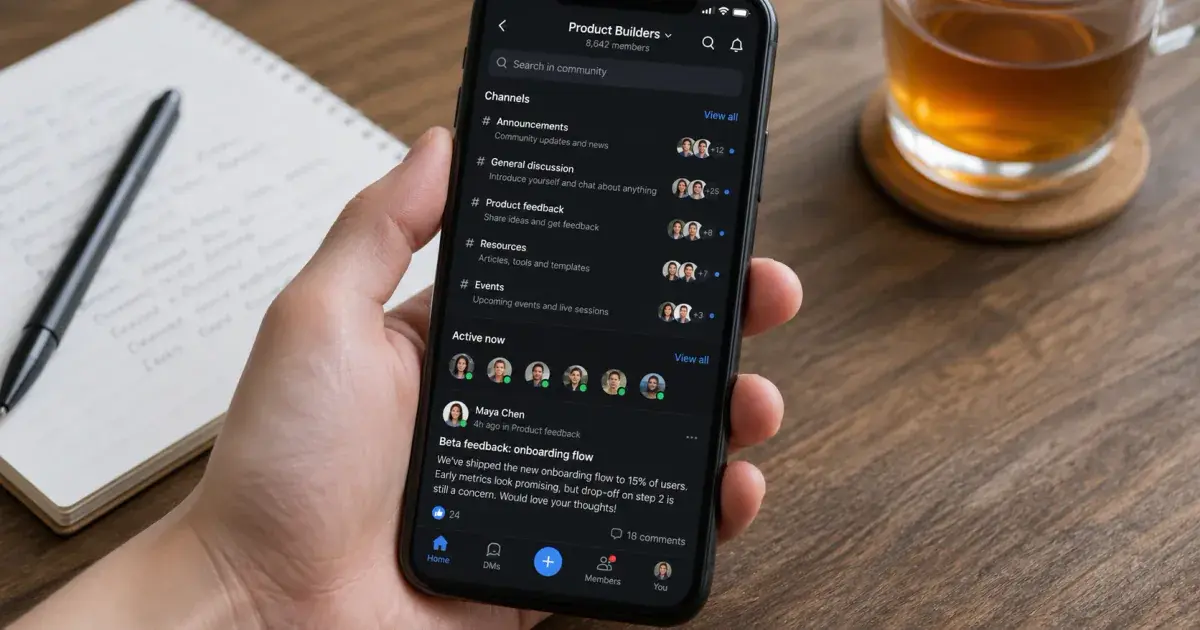 Photograph: phone on a work desk showing an active product community thread.