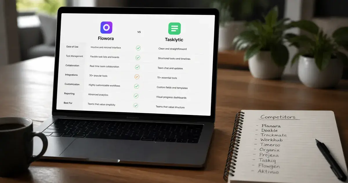 Photograph: laptop showing an 'X vs Y' comparison page, notebook of competitor names beside it.