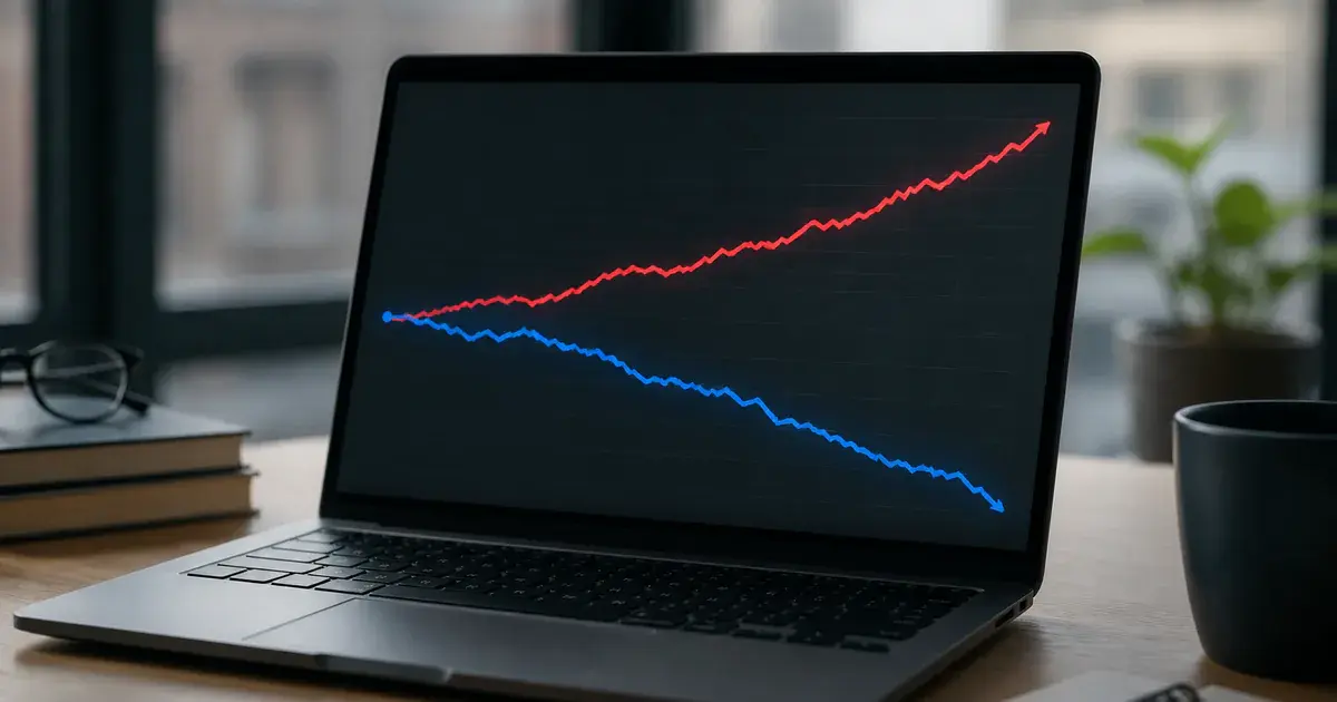 Photograph: laptop showing two lines diverging over time, spend up and efficiency down.