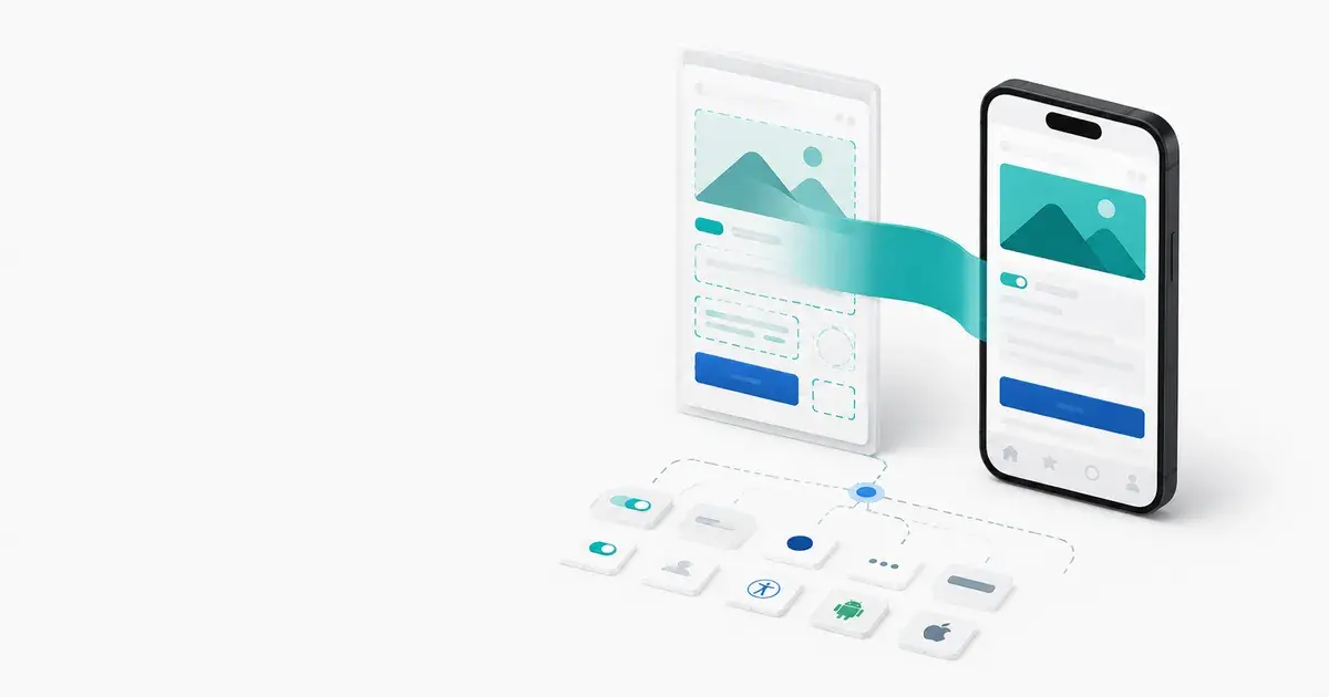 A design file converting into mobile code, with the states and platform conventions that do not survive the conversion