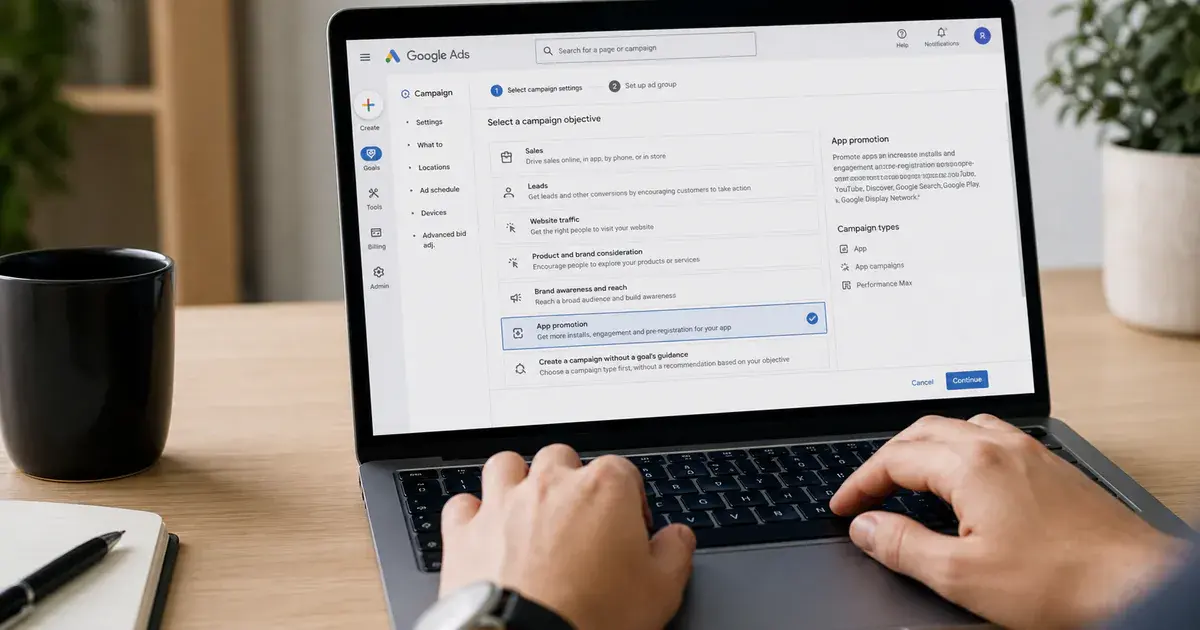 Photograph: a laptop showing the Google Ads campaign objective step with App promotion selected.
