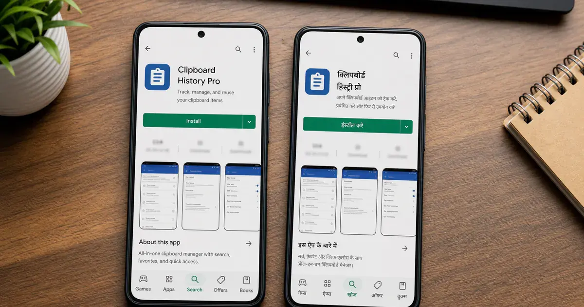Photograph: two Android phones showing the same Google Play listing side by side, one in English and one in Hindi.