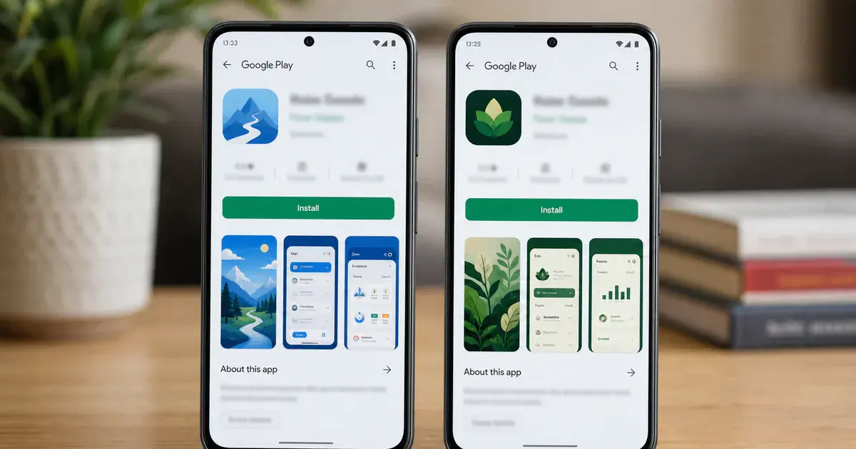 Photograph: two Android phones showing the same Google Play listing with different icon and screenshot artwork.