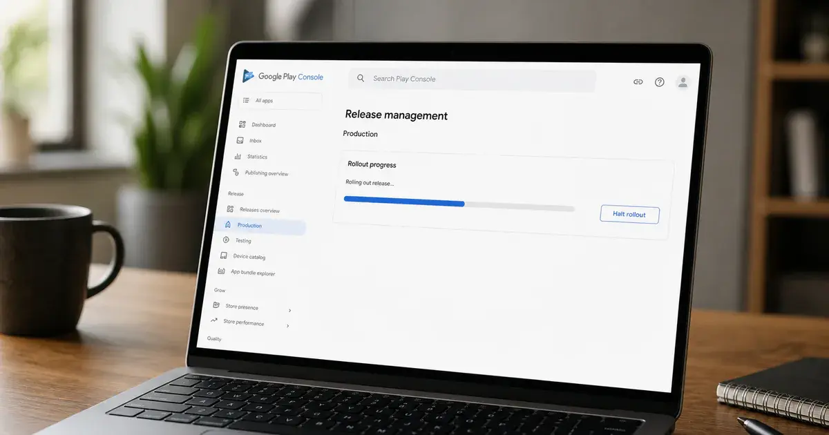Photograph: a laptop showing Google Play Console release management, a rollout in progress with a halt control beside it.