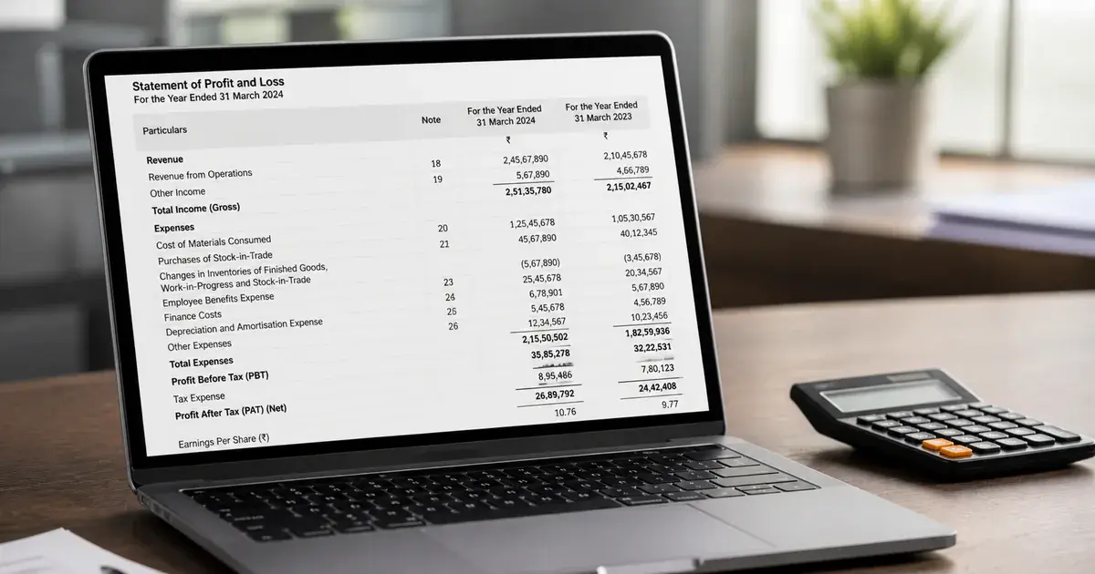 Photograph: laptop showing a financial statement with gross and net figures, calculator beside it.