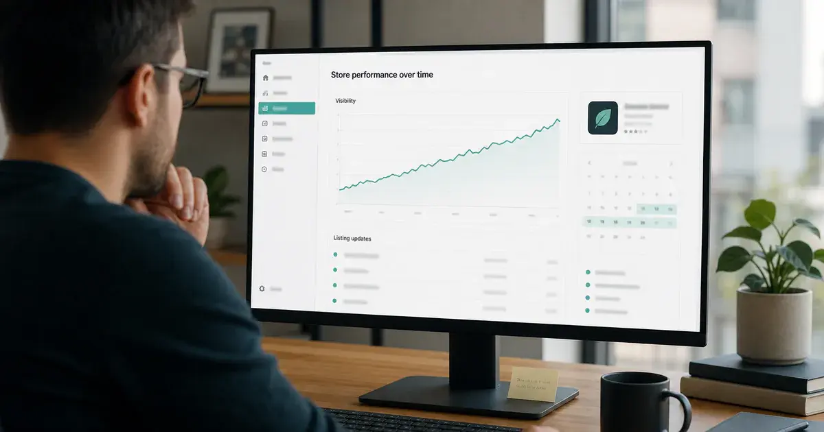 Photograph: a monitor showing a store performance report with a gradually rising visibility curve, and a date range selected.