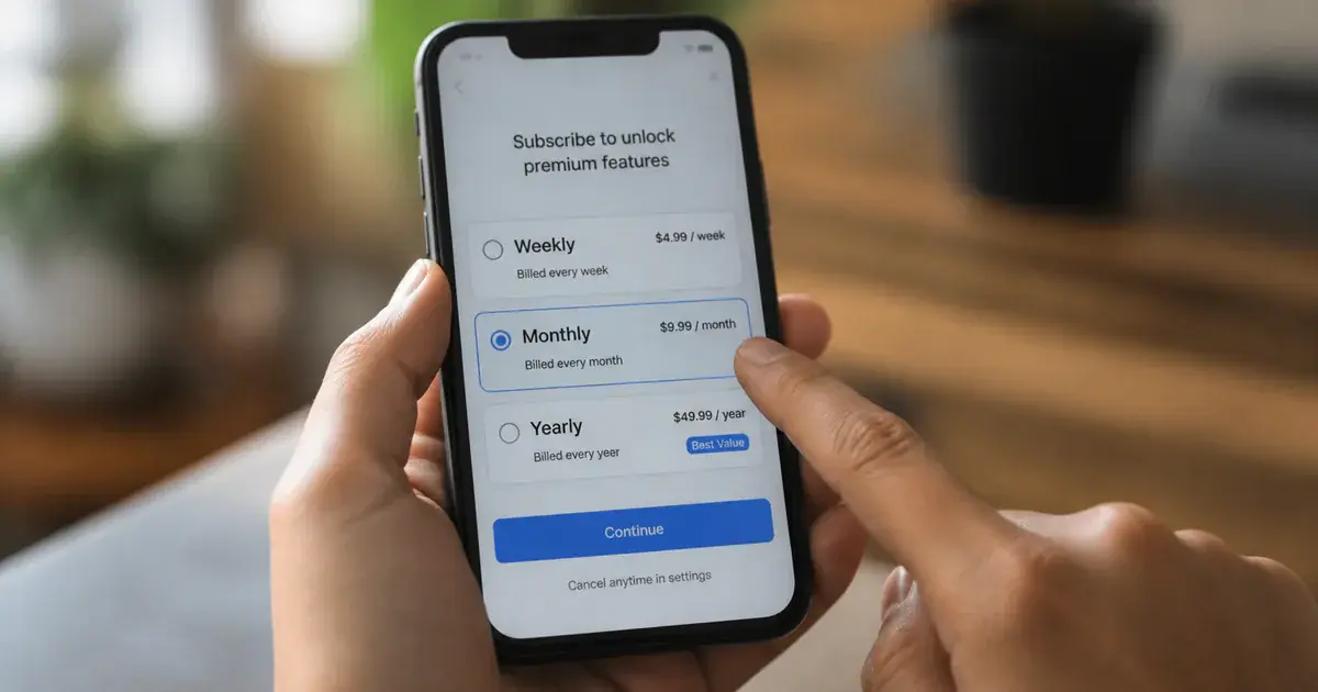 Photograph: phone showing a paywall with several plan options, thumb hovering between two.