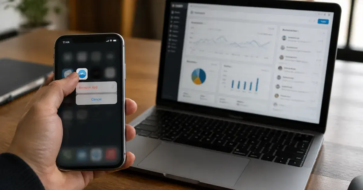 Photograph: phone showing an app being removed, laptop behind showing an analytics dashboard.