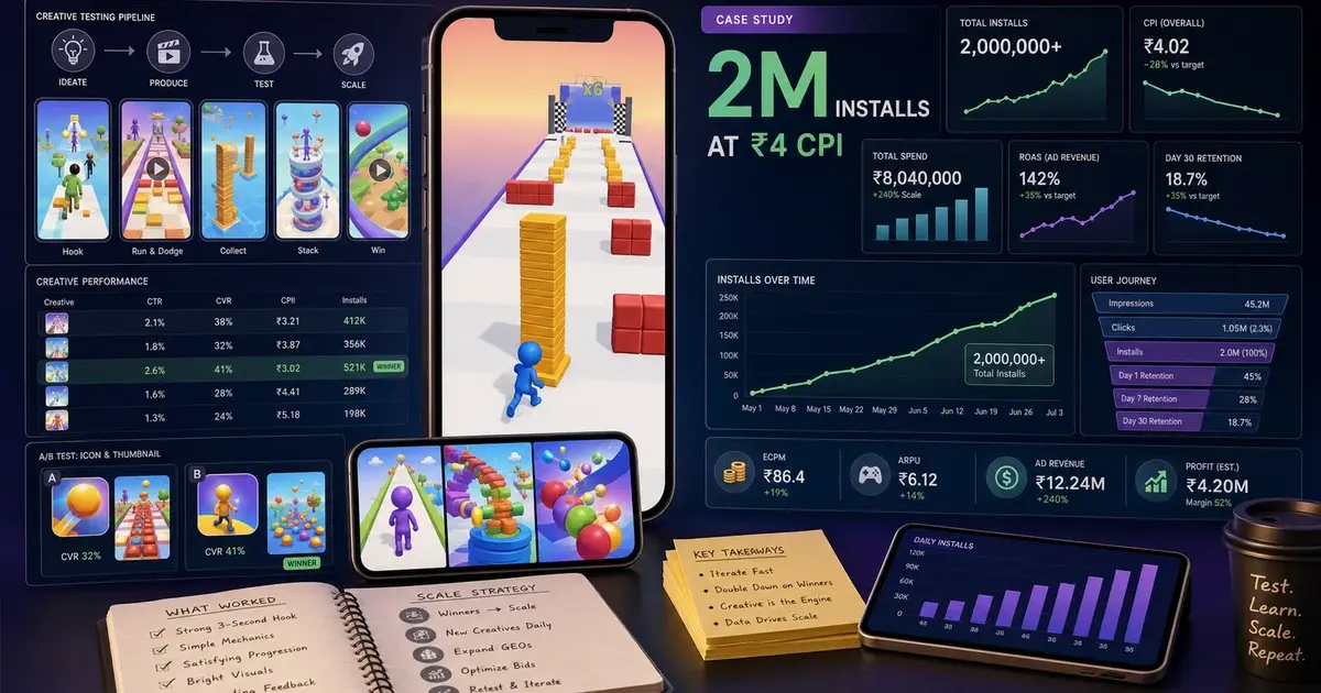 Hyper-Casual Game Case Study: 2M Installs at ₹4 CPI — illustration