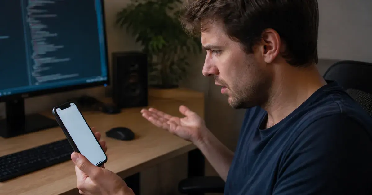 Photograph: phone showing an app with no review prompt where one was expected, developer looking at it.