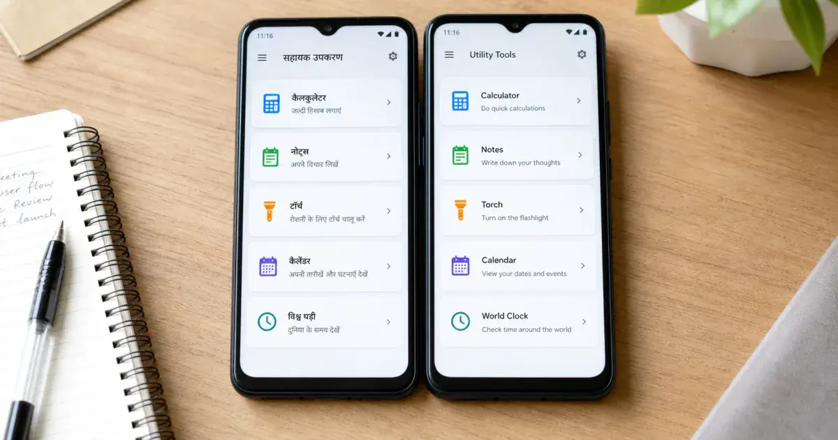 Photograph: two budget Android phones showing the same utility app, one in Hindi and one in English.