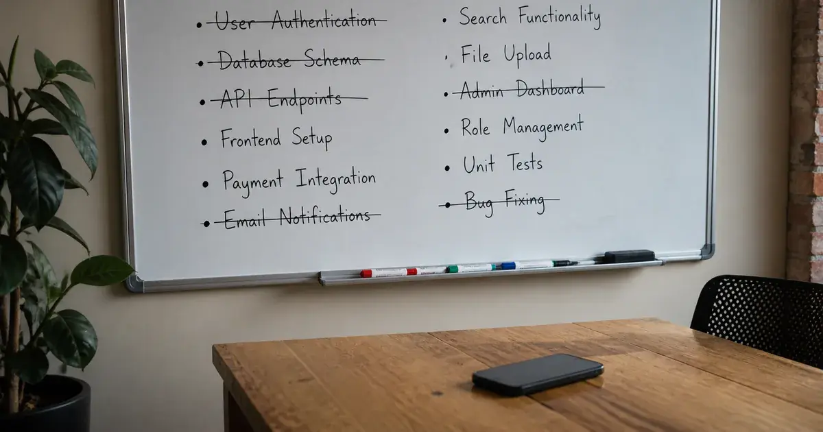 Photograph: whiteboard with a feature list, half the items struck through, phone on the desk.