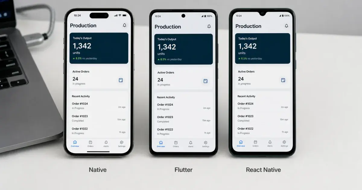 Photograph: three real phones on a desk showing visually identical app interfaces.