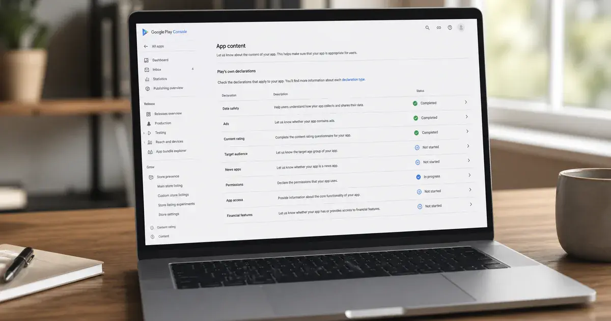 Photograph: a laptop showing the Google Play Console app content page, with some declarations complete and others outstanding.