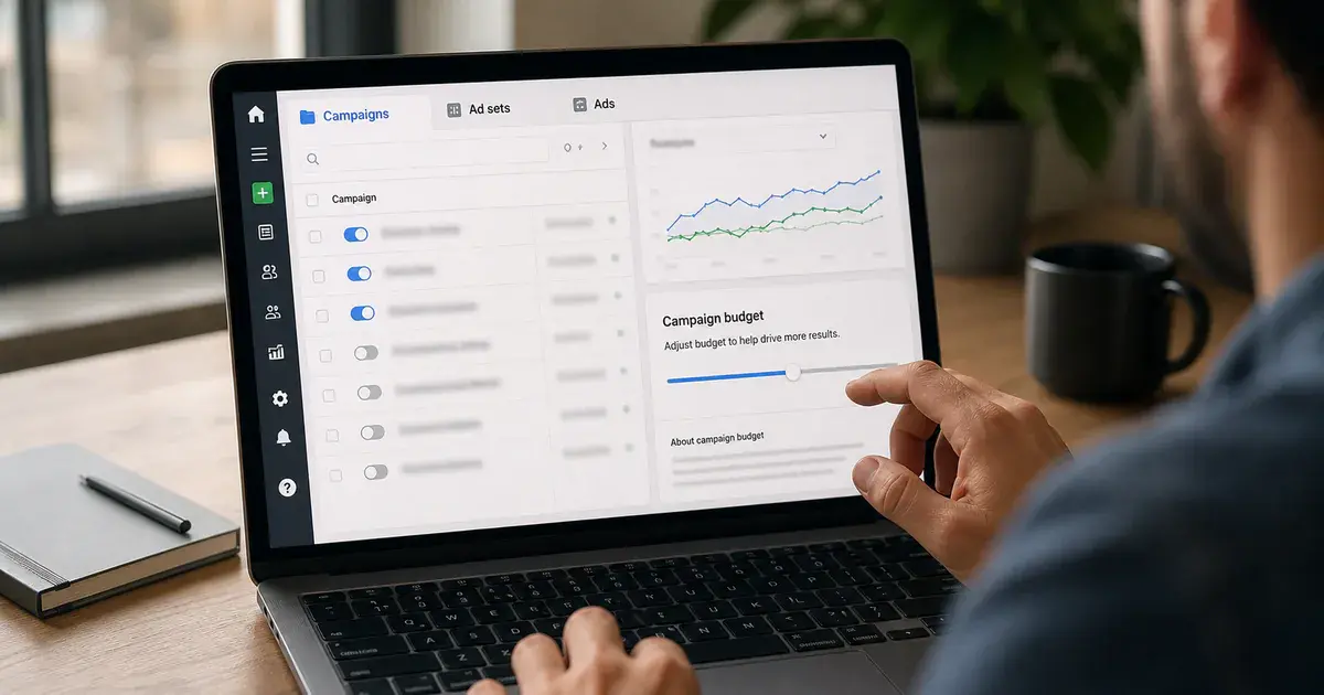 Photograph: a hand adjusting a campaign budget slider on an advertising dashboard, with a performance chart above it.