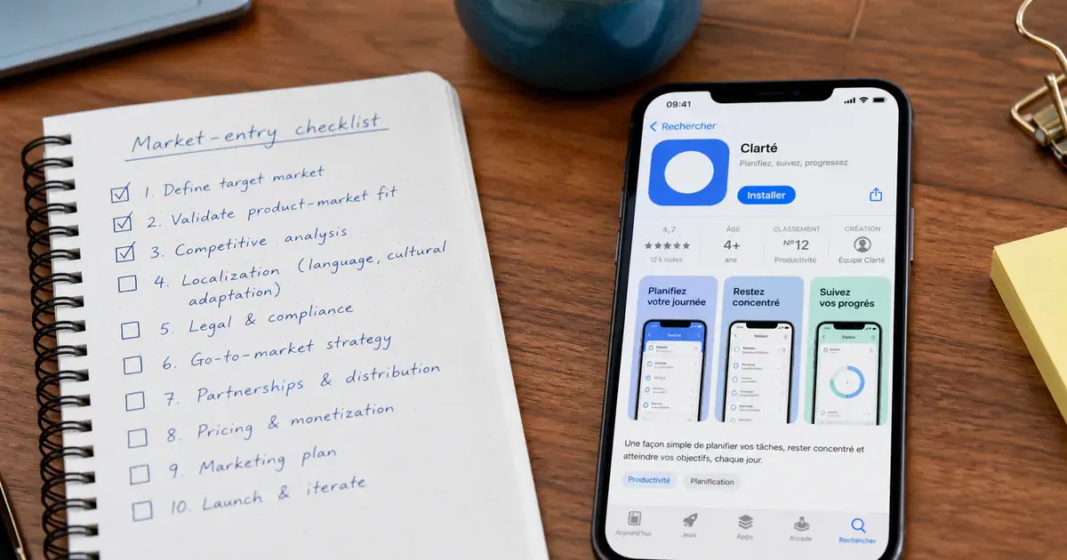 Photograph: desk with a checklist of market-entry steps and a phone showing a localised store listing.