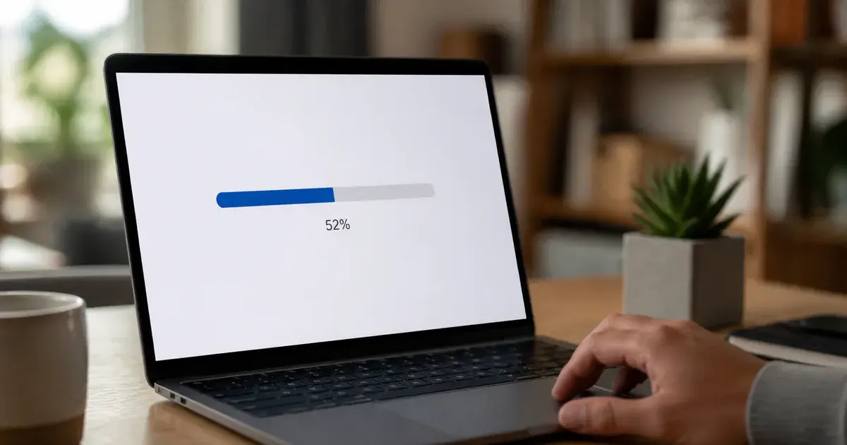 Photograph: laptop showing a rollout percentage control partway through, hand on trackpad.