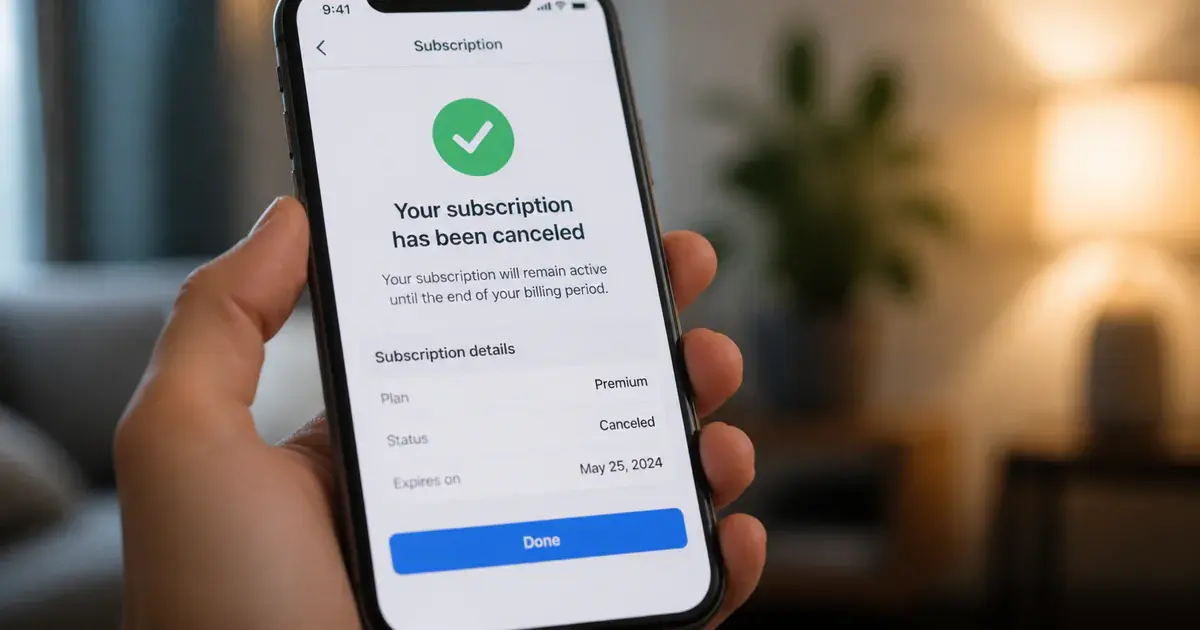 Photograph: phone showing a subscription cancellation confirmation screen.