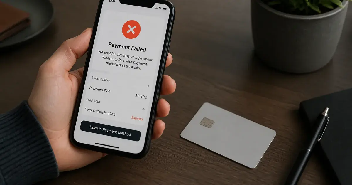 Photograph: phone showing a payment-failed notice on a subscription, card on the desk.