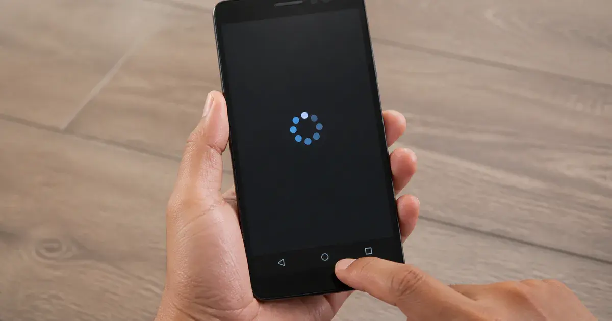 Photograph: budget Android phone showing a frozen loading state, user's hand about to press back.