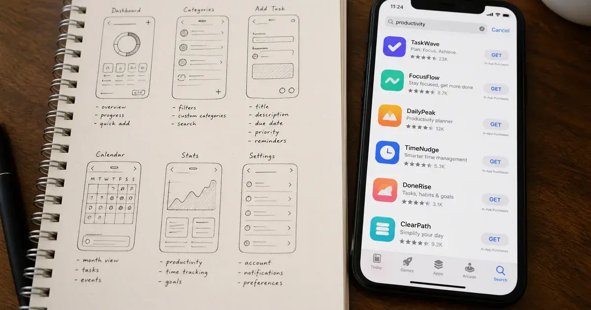 Photograph: notebook of sketched screens beside a phone showing competitor store listings.