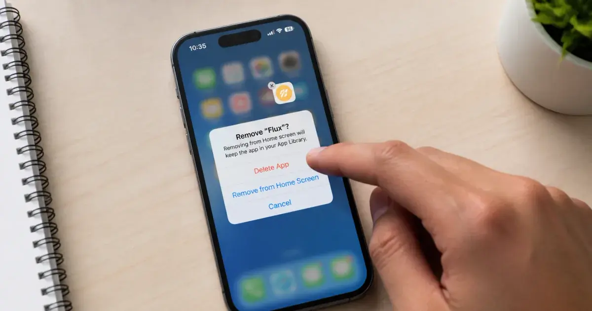 Photograph: hand deleting an app from a real phone home screen at the system confirmation step.