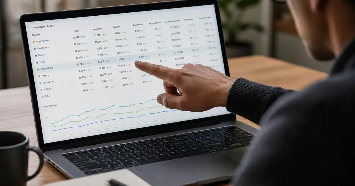 Photograph: laptop showing an acquisition report broken into channels, a person tracing one row with a finger.
