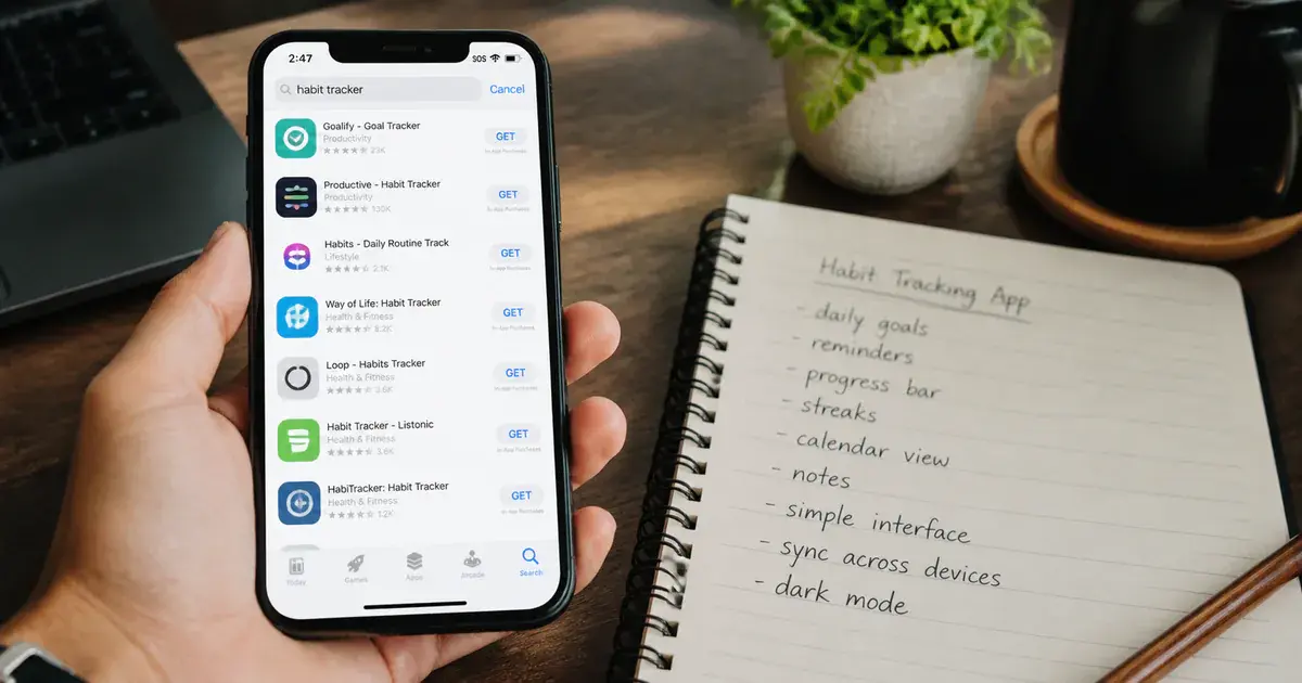 Photograph: phone showing store search results where the expected app is absent, held over a desk with a notebook of keywords.