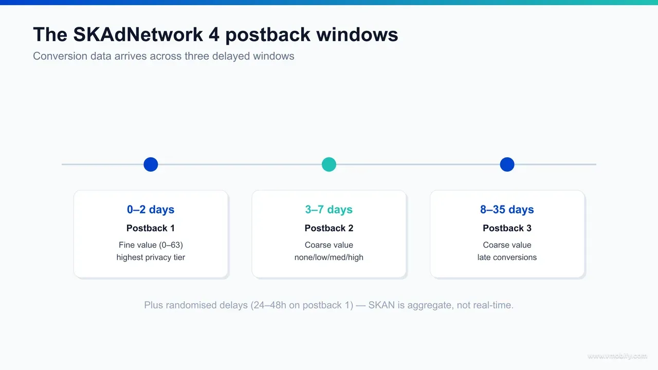 Flow diagram of the SKAdNetwork 4 three-postback timeline showing the 0 to 2 day, 3 to 7 day and 8 to 35 day measurement windows with their randomised delays.