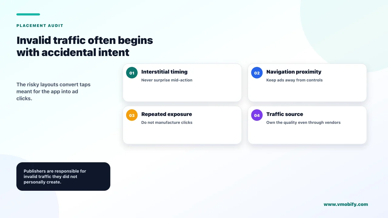 Invalid traffic often begins with accidental intent. The risky layouts convert taps meant for the app into ad clicks.