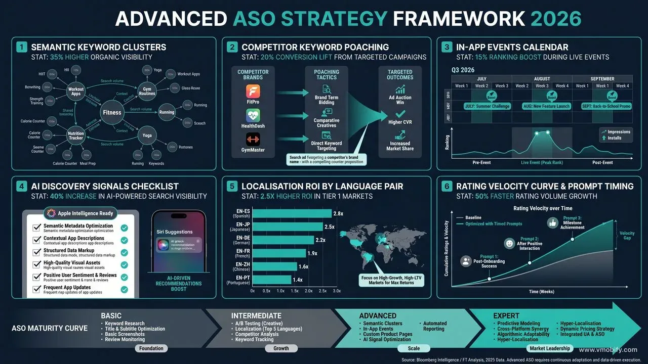 Advanced ASO Strategy Framework 2026: semantic clusters, competitor poaching, In-App Events, AI discovery, localisation ROI, and rating velocity — mapped across the ASO maturity curve.