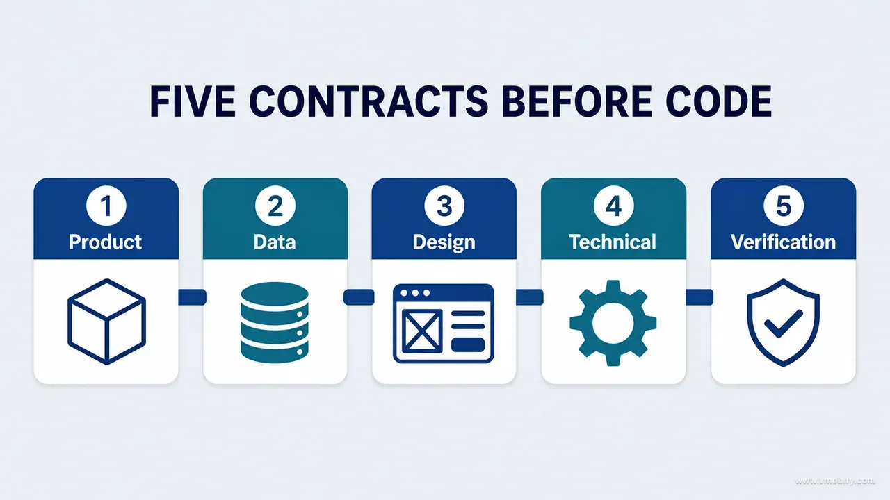 Five pre-code contracts for product, data, design, technical implementation and verification