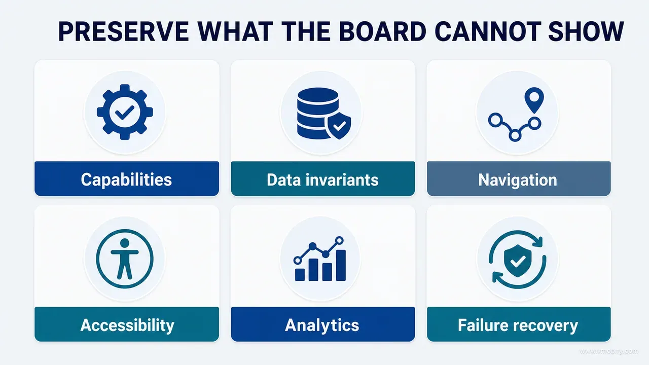 Preservation ledger covering capabilities, data invariants, navigation, accessibility, analytics and failure recovery
