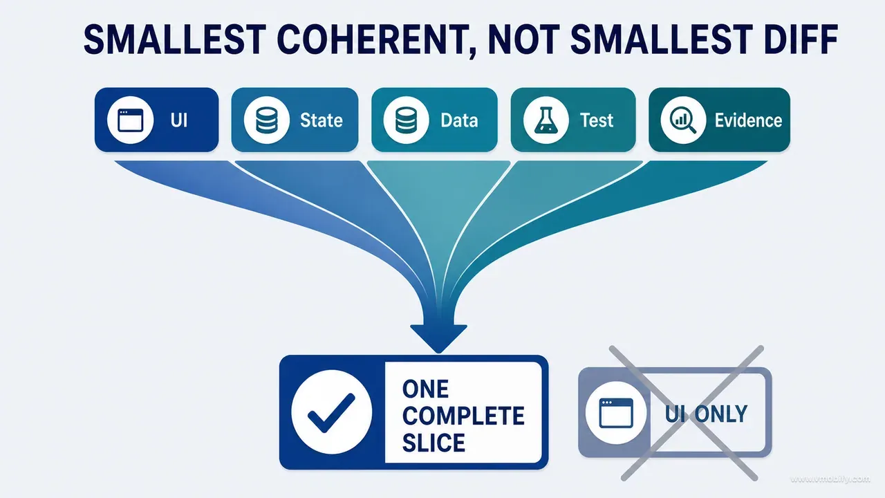 A coherent vertical slice combining UI, state, data, tests and evidence compared with an isolated UI-only edit