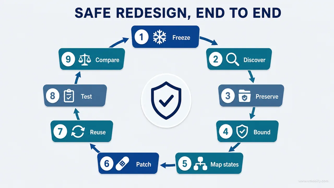 Nine-step safe redesign loop from freezing the decision through discovery, preservation, bounded implementation, tests and runtime comparison