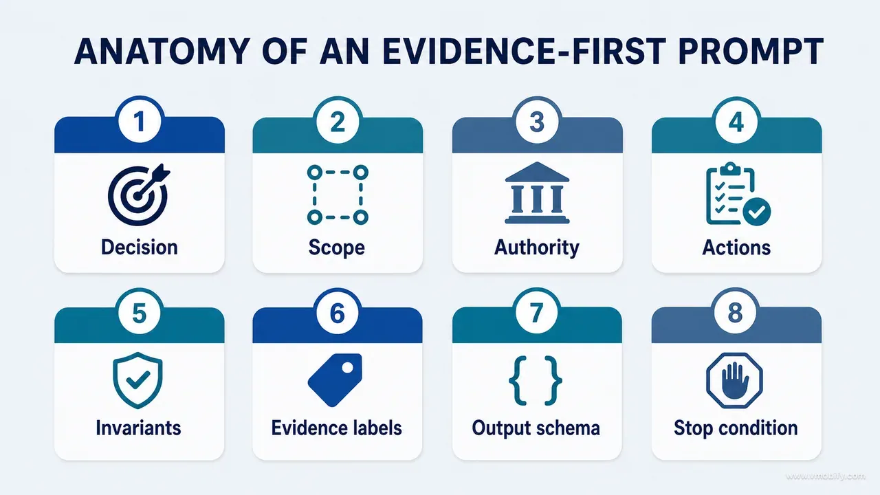 Eight-part evidence-first prompt anatomy covering decision, scope, authority, actions, invariants, evidence labels, output and stop conditions