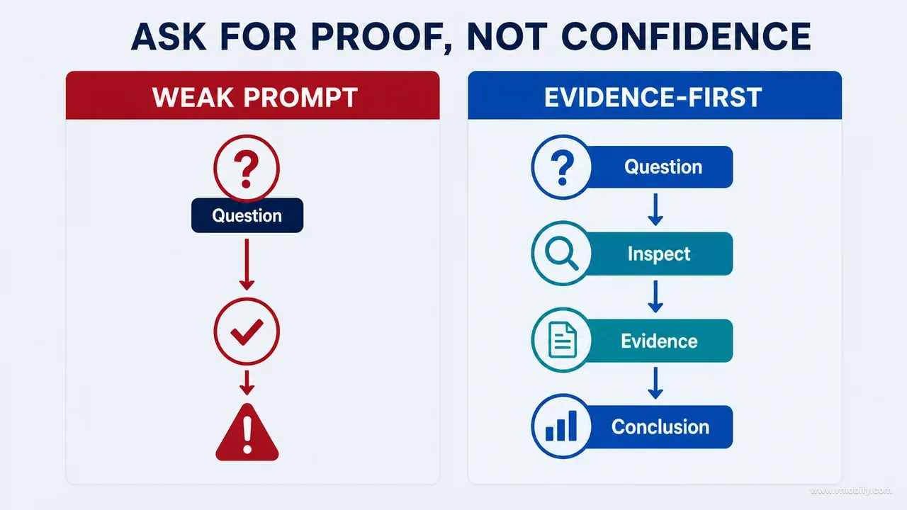 Weak prompt jumping from question to approval compared with an evidence-first inspection chain