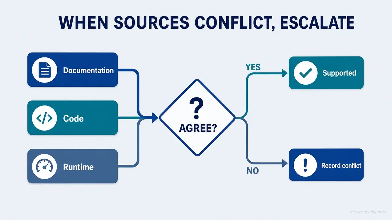 Documentation, code and runtime sources passing through an agreement gate that either supports a claim or records a conflict