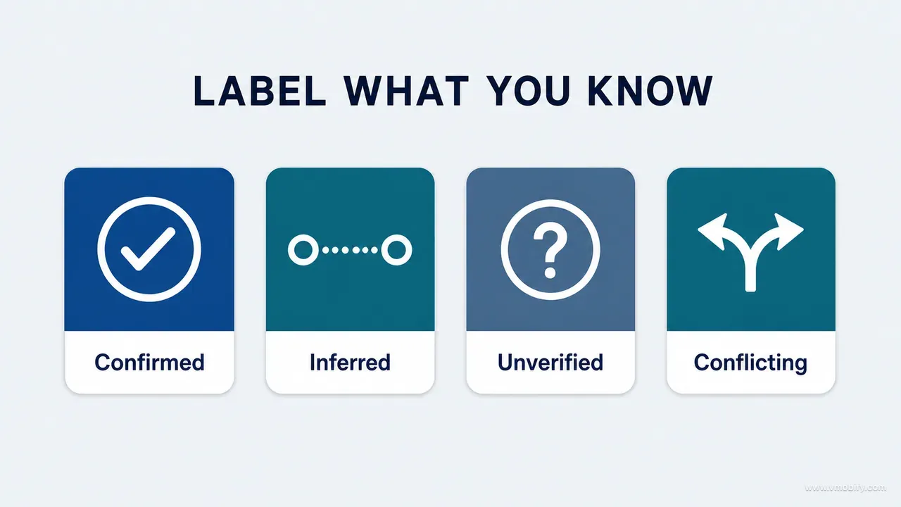 Four evidence labels for confirmed, inferred, unverified and conflicting claims