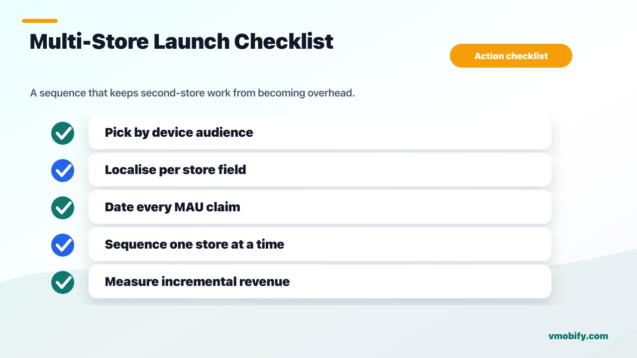 Multi-store launch checklist covering device-audience fit, store-specific metadata, dated MAU claims, sequenced rollout and incremental revenue measurement.