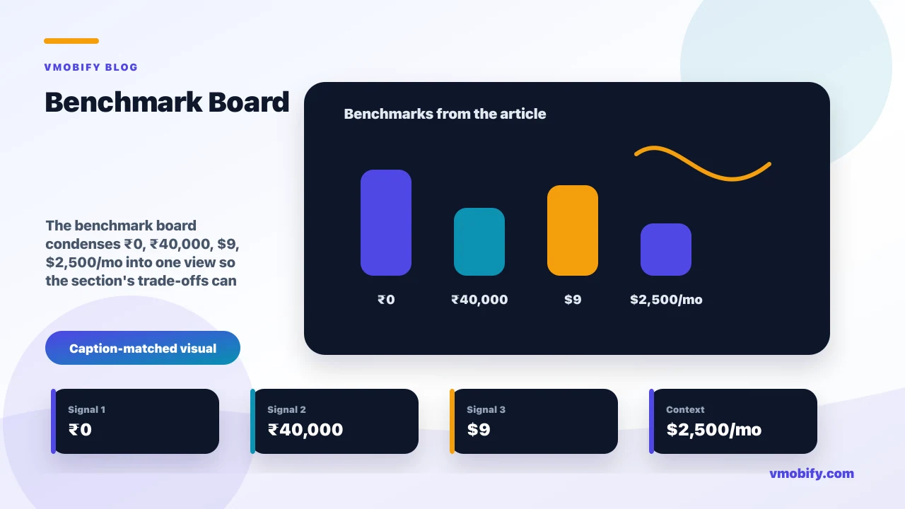 Benchmark board for The App Growth Stack: Every Tool by Funnel Stage (Free-First) showing ₹0, ₹40,000, $9, $2,500/mo and the article's main decision context.
