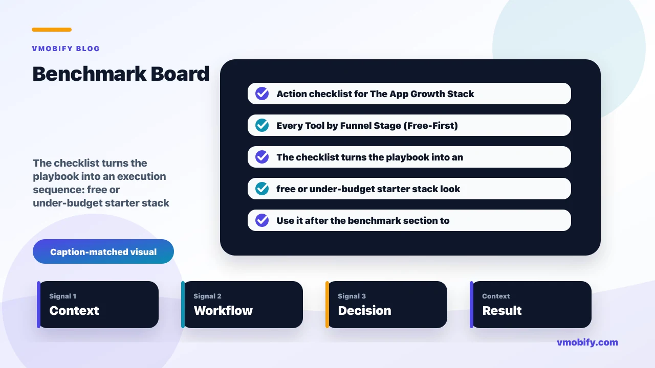 Action checklist for The App Growth Stack: Every Tool by Funnel Stage (Free-First) covering free or under-budget starter stack look like, India-focused budget stack look like, you upgrade each layer.